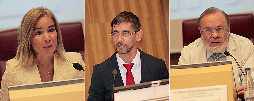 Miriam Rabaneda, directora general de Planificación, Investigación y Formación de la Consejería de Sanidad de la Comunidad de Madrid; Eduardo López-Collazo, director científico de IdiPaz; y el director gerente del Hospital La Paz, Rafael Pérez-Santamarina.  