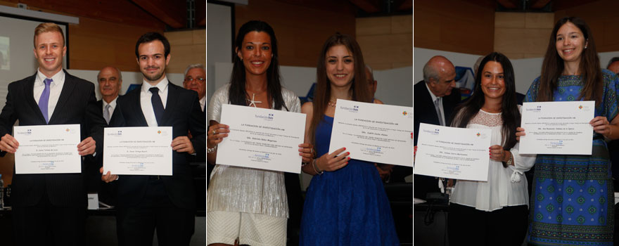 Carlos Tortosa y Javier Ortega, premio al trabajo en investigación realizado por los estudiantes de la Facultad de Medicina de la Universidad CEU San Pablo. Judith Cacho y Gabriela Bolea; y Ana Reymundo y Juliana Sierra, respectivamente, galardonadas con el primer y segundo accésit de esta categoría.