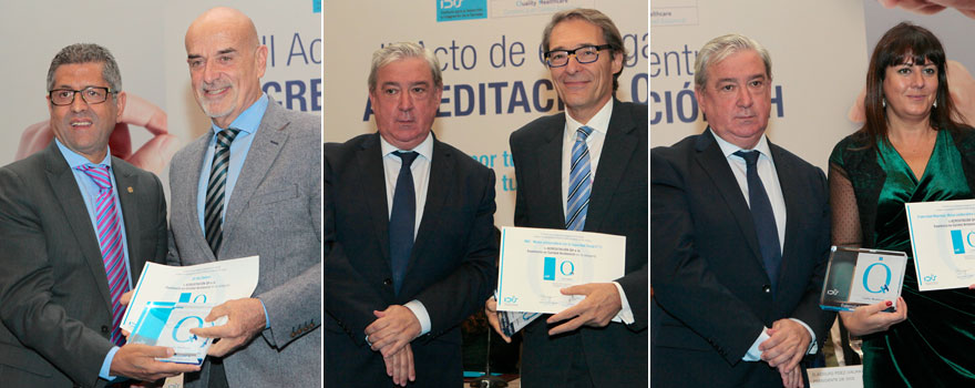 Antonio Bernal entrega la acreditación a Javier Marqueta, director médico del Hospital IVI Illes Balears. En las siguientes imágenes, Félix Bravo, presidente de la Asociación Territorial de Madrid de Sedisa, con Guillermi de Vilches, director gerente de MAZ, mutua colaboradora con la Seguridad Social nº 11; y Natalia Fernández, subdirectora de Calidad de Fraternidad Muprespa, respectivamente. 