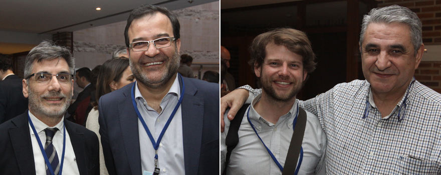 En la primera imagen, José Juan Moratilla Villaverde, business Line Manager Digital Health Services de Siemens; con Ángel Benayas, del Hospital Nacional de Parapléjicos de Toledo. En la segunda,Ignacio Hernández Medrano, neurólogo y socio-fundador de Savana; con Cándido Lozano, gerente senior del Sector Sanitario de Ferrovial. 