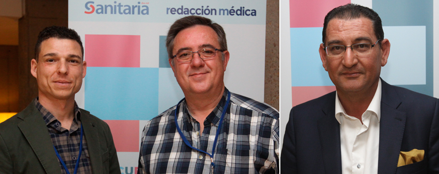 En la imagen de la izquierda, Carmelo de la Higuera,  jefe de Mantenimiento del Hospital Santos Reyes; con Jesús Ángel Santos, jefe del Servicio de Mantenimiento de la Gerencia  de Asistencia Sanitaria de Ávila. A la derecha, Fernando Mateo, de Ultrasounds Solutions.