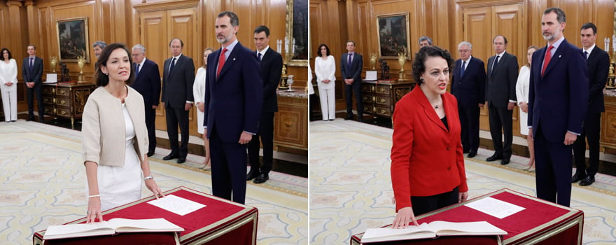 En la primera imagen, toma posesión la ministra de Industria, Comercio y Turismo, Reyes Maroto, ante el rey Felipe VI. En la segunda, la ministra de Trabajo, Migraciones y Seguridad Social, Magdalena Valerio.