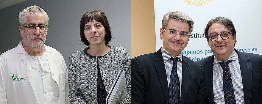 Miguel Fernández Burriel, encargado del Laboratorio de Genética Molecular del Hospital de Mérida, y María Isidoro-García. A la derecha, Ceciliano Franco y José María Vergeles