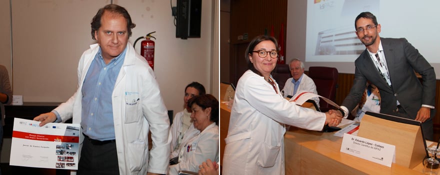 Javier de Castro, premio al ensayo clínico con mayor facturación. A la derecha, el premio para Nuria Rodríguez Sala. 