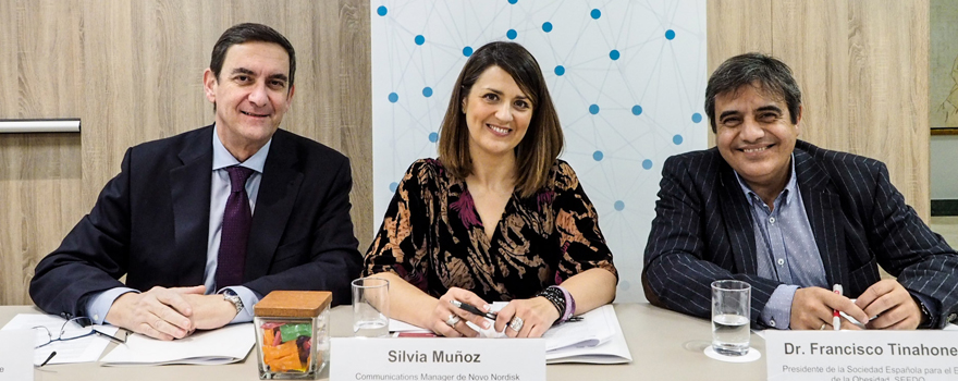 Ignacio Bernabéu, vicepresidente de la SEEN; Silvia Muñoz, Communications Manager de Novo Nordisk para Europa del Sur, y Francisco Tinahones, presidente de la Seedo.