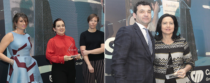 Arantxa Ruiz Calzado, directora Comercial de Medgas Air Liquide, entrega el premio en la categoría de ‘Ingeniería hospitalaria’ a Marta Parra y Ángela Muller, fundadoras de ‘Arquitectura de Maternidades’. A la derecha, Álvaro Basilio Durán, Asesor presidente y Director de Comunicación y marketing de AMA Seguros, entrega el galardón en la categoría de ‘Medicina’ a Mara Parellada Redondo, psiquiatra y coordinadora del Programa de Atención Médica Integral a Pacientes con Trastornos del Espectro Autista del Hospital Gregorio Marañón de Madrid.