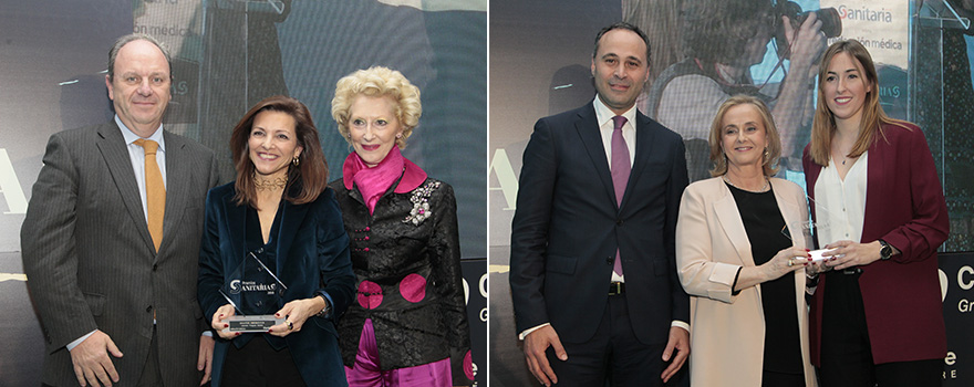 Javier Godoy, Director de Carburos Médica, y Pilar Fernández, vicepresidenta del Consejo General de Enfermería, entregan el premio en la categoría de ‘Industria Farmacéutica’ a Lourdes Fraguas Gadea, Secretaria General y Directora Departamento Jurídico y Recursos Humanos de Farmaindustria. A la derecha, Ahmed Hababou, Director General de Carburos Metálicos, hace entrega de los premios en la categoría de ‘Industria Tecnológica’ a Margarita Alfonsel Jaén, Secretaria General de la Federación Española de Empresas de Tecnología Sanitaria, y a Ane Goñi Arana, Ingeniera de Marsi Bionics, en nombre de Elena García Armada, ingeniera industrial y fundadora de Marsi Bionics. 