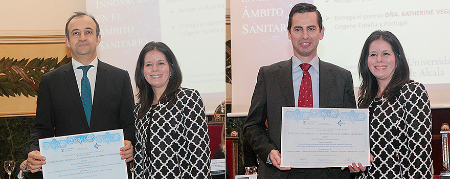 A la izquierda, el José María Prego recoge el diploma en nombre de la finalista Elena Lorenzo Llauger, de manos de Katherine Vega. A la derecha, la directora general de Celgene entrega el premio en en la categoría de Reumatología a Javier Bachiller, del Hospital Universitario Ramón y Cajal.