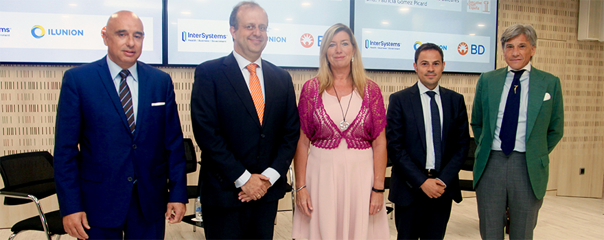 Eusebio Azorín, director del Sector Hospitalario y Sociosanitario de Ilunion; César Chiva, director de Executive Forum; Patricia Gómez, consejera de Salud de Baleares; José Carlos Ruiz, project manager de InterSystems; y José Luis Gómez, director General para España y Portugal de Becton Dickinson.