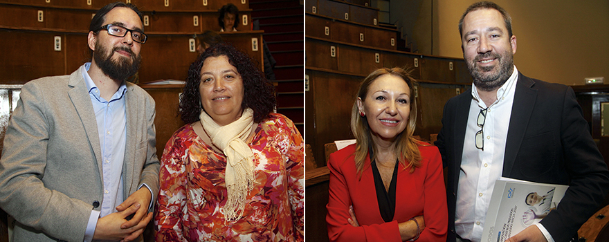 A la derecha, Hugo Leis, responsable de Calidad de Sistemas Genómicos, con Ana Martín, directora científica de Amadix. A la derecha, Carmen Ayuso con Daniel Gil, responsable del Área Social de Farmaindustria. 