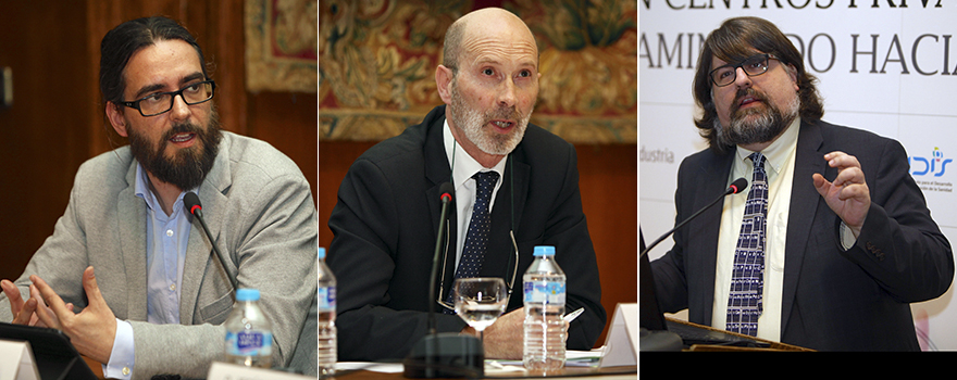 Hugo Leis, Carlos Sisteras y Jesús Rueda, director Internacional Affairs de EDMA, en sus comparecencias. 