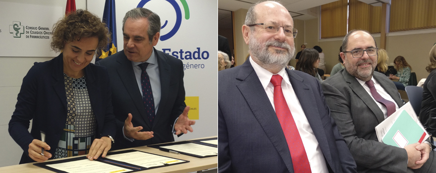 Dolors Montserrat y Jesús Aguilar, en el momento de la firma del acuerdo, A continuación, Luis Amaro, secretario del Consejo General de Farmacéuticos, y Carlos Moreno, director general de Ordenación Profesional del Ministerio de Sanidad.