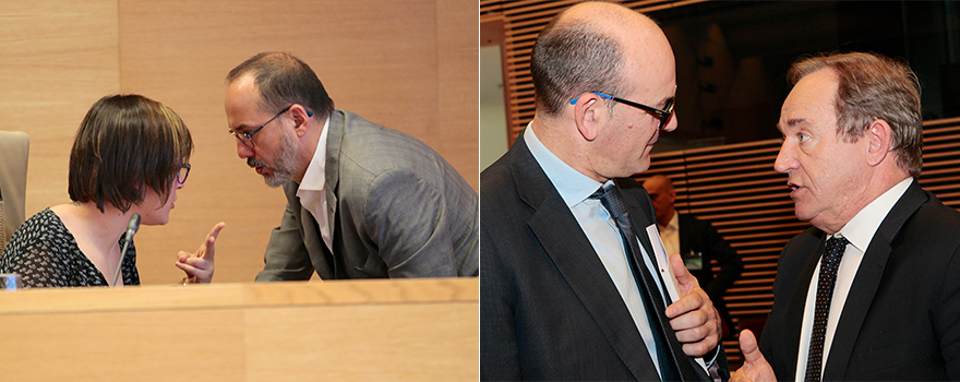 A la izquierda: Marta Sorlí escucha a Carles Campuzano, del Grupo Mixto por el Partido Demócrata Catalán. A la derecha: Castrodeza charla con el portavoz del PNV, Joseba Andoni Agirretxea