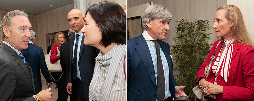 Julio de la Rosa, director de Market Access de Air Liquide, charla con Carmen Montón. A la derecha, José Luis Gómez, director general de BD en España, junto con Ana Lázaro.