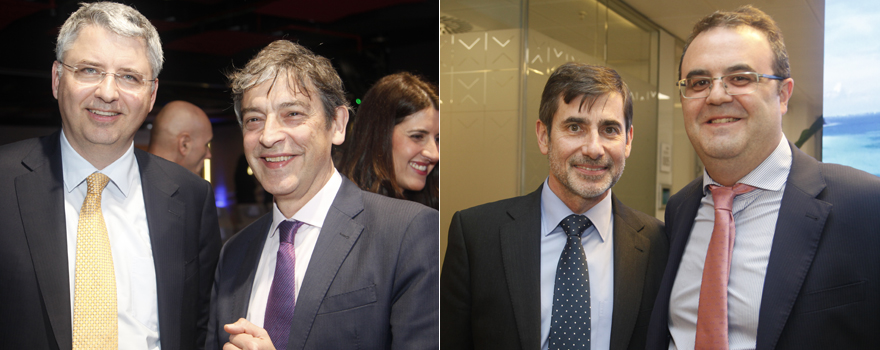 Severin Schwan y Carlos Buesa, CEO de Oryzon. En la imagen de la derecha, Alfonso Villarejo, director regional de Roche, y José Luis García Oliva, director de Compras de HM Hospitales. 