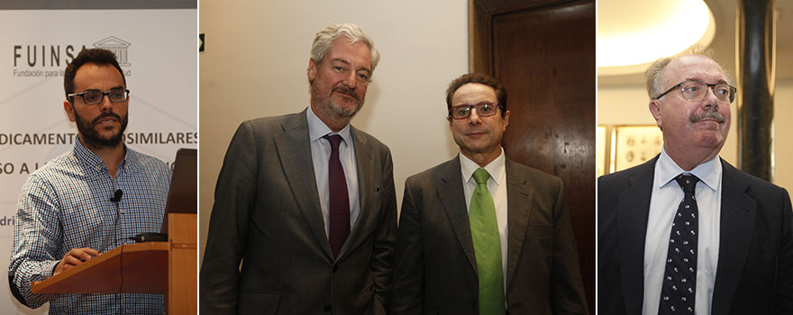 Alberto Jiménez, responsable de Gestión y Compras y miembro de la Comisión de Terapia Biológica del Virgen de las Nieves (Granada), representando a la SEFH; Antón Herreros, director general de Fuinsa, junto a Miguel Martín, presidente de SEOM; y Carlos Lens, subdirector general de Calidad de Medicamentos y Productos Sanitarios del Ministerio de Sanidad.