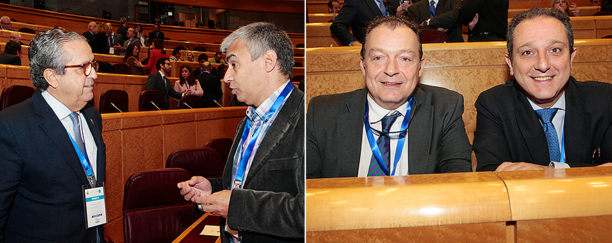 Antonio Alarcó charla con Guillermo Schwartz, presidente del Colegio de Farmacéuticos de Santa Cruz de Tenerife. A continuación, Ignacio Romeo, presidente del Consejo de Farmacéuticos de Castilla-La Mancha, y Juan Pedro Rísquez, presidente del Colegio de Farmacéuticos de Jaén.