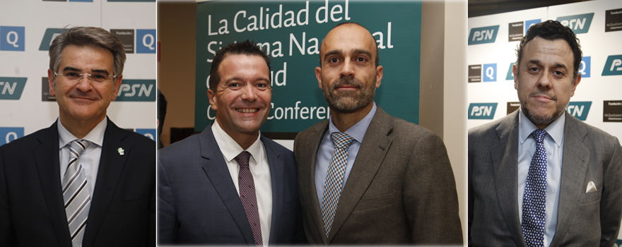 Ceciliano Franco. En el centro, Jesús Herrera, regional acces manager de Roche para Andalucía y Extremadura y Ricardo López. A la derecha, Ariel Román, coordinador del Máster de Contratación Pública Sanitaria.