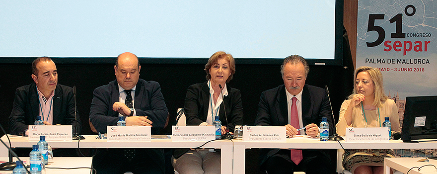 Borja García-Cosío; José María Matilla; Inmaculada Alfageme; Carlos A. Jiménez; y Elena Bollo, durante la rueda de prensa previa al 51º Congreso de Separ. 