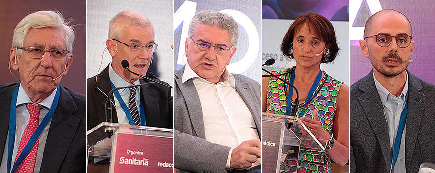 José Ramón Luis-Yagüe, director de Relaciones con las Comunidades Autónomas de Farmaindustria; Joan Albert Barberá Mir, jefe de Servicio de Neumología y Alergia Respiratoria del Instituto Clínic Respiratorio del Hospital Clínic de Barcelona; Agustín Rivero Cuadrado, exdirector general de Cartera Básica de Servicios del Sistema Nacional de Salud y Farmacia del Ministerio de Sanidad; Belén Calabozo Freile, representante de la Dirección Técnica de Asistencia Farmacéutica de la Gerencia Regional de Salud de Castilla y Léon; y José Manuel Martínez Sesmero, jefe de Servicio de Farmacia Hospitalaria del Hospital Clínico San Carlos. 