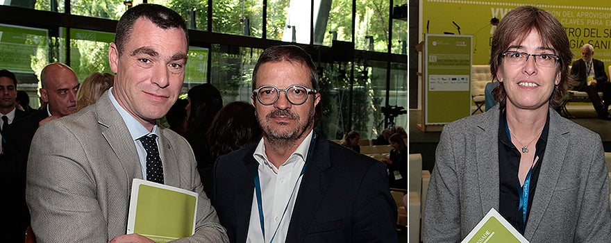 Javier Puente y Ramón Martín, ambos de Olympus Iberia. A continuación, Carmen Ramírez de Pancorbo, gerente del Hospital 12 de Octubre. 