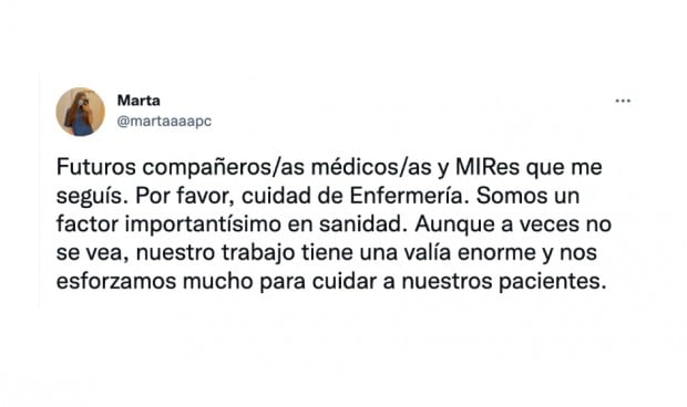 "Cuidad a Enfermería, no somos médicos frustrados ni vuestros enemigos"