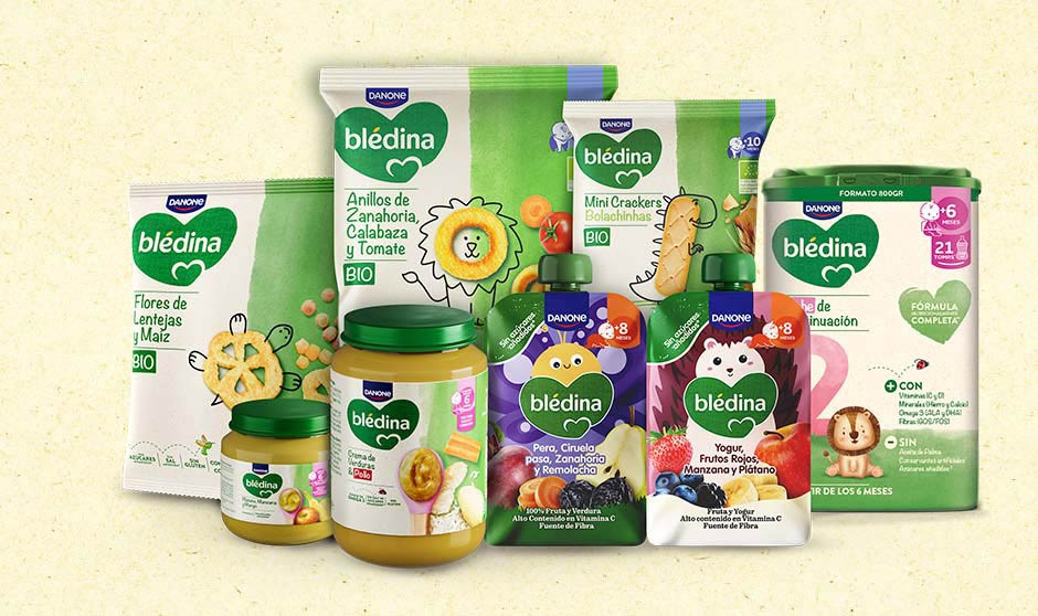 Gama completa de productos Blédina para bebés: fórmulas infantiles, tarritos, bolsitas de fruta y snacks BIO adaptados a cada etapa