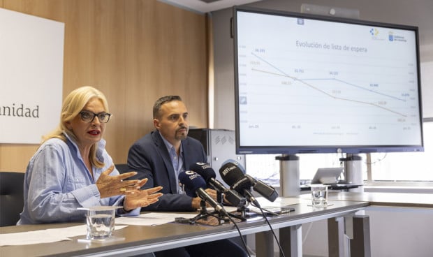 La consejera de Sanidad de Canarias, Esther Monzón, y el gerente del SCS, Adasat Goya, presentan datos de las listas de espera. 