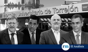 Montaje de un hospital con rostros políticos delante