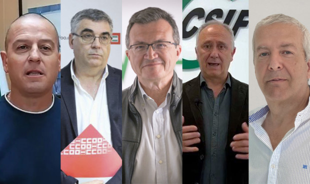 Antonio Macías (UGT), José-Pelayo Galindo (CCOO), Rafael Ojeda (SMA), Victorino Girela (CSIF) y José Sánchez Gámez (Satse)