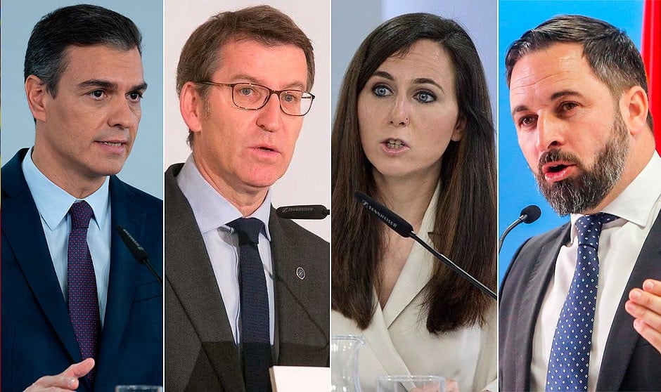 Pedro Sánchez, Alberto Núñez Feijóo, Ione Belarra y Santiago Abascal.