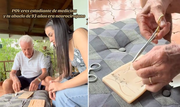  Manuel Manrique enseñando técnicas de neurocirugía a su nieta, Gloria Vincenti.