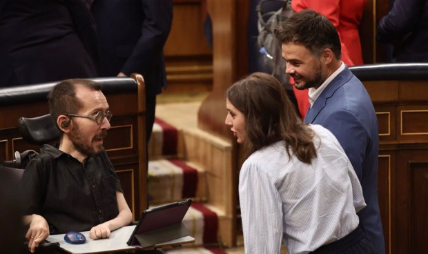 Pablo Echenique, Irene Montero y Gabriel Rufián, diputados clave para negociar la Ley de Equidad. 