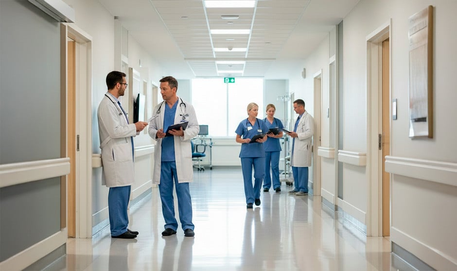  Médicos en los pasillos de un hospital.