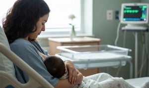 Una mujer dando de lactar en el hospital.