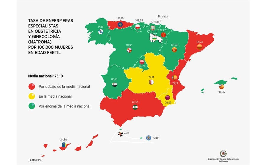 Mapa del número de matronas por cada CCAA. (Fuente: CGE)