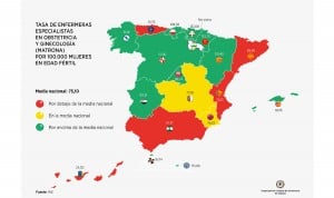 Mapa del número de matronas por cada CCAA. (Fuente: CGE)