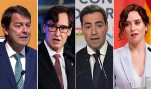 Alfonso Fernández Mañueco, presidente de Castilla y León; Salvador Illa, presidente de Cataluña; Imanol Pradales, lehendakari de Euskadi; e Isabel Díaz Ayuso, presidenta de Madrid.