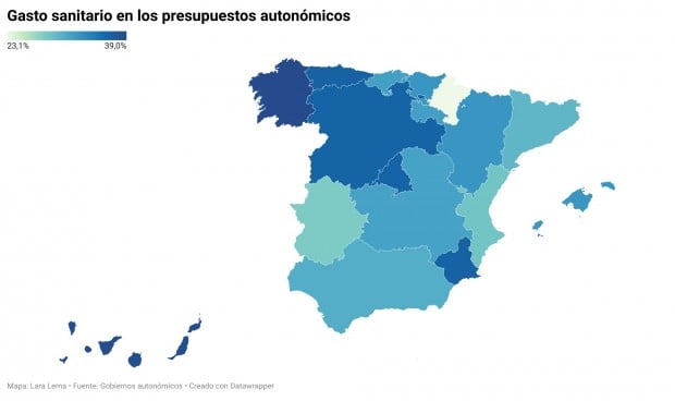 Mapa del gasto en sanidad de España para 2024 por comunidades