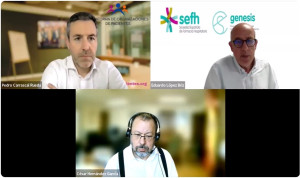 Pedro Carrascal, director general de POP, Eduardo López, miembro del Grupo Genesis de la SEFH y César Hernández, director general Cartera Común del SNS y Farmacia debaten sobre la financiación y acceso a los medicamentos.