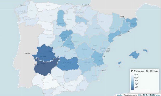 Incidencia Covid España: una provincia roza los 600 y 17, en riesgo extremo
