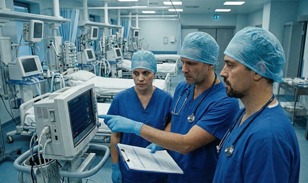Médicos observan una prueba diagnóstica en un hospital.