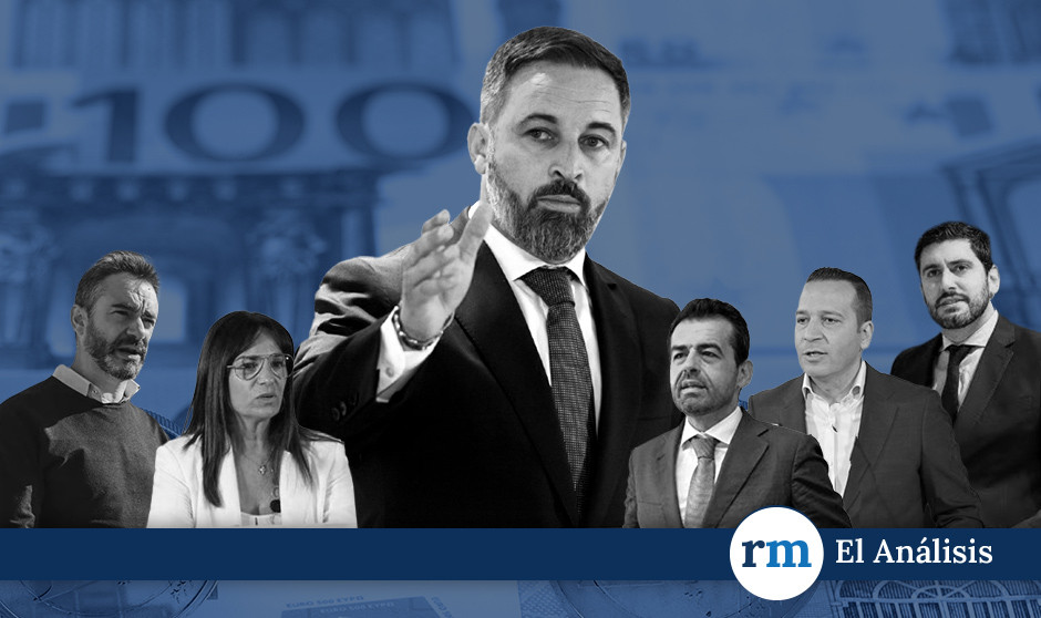 Santiago Abascal y los líderes territoriales de Vox:  David Hierro, Manuela Cañadas, Rubén Martínez, Óscar Fernández y  Alejandro Nolasco