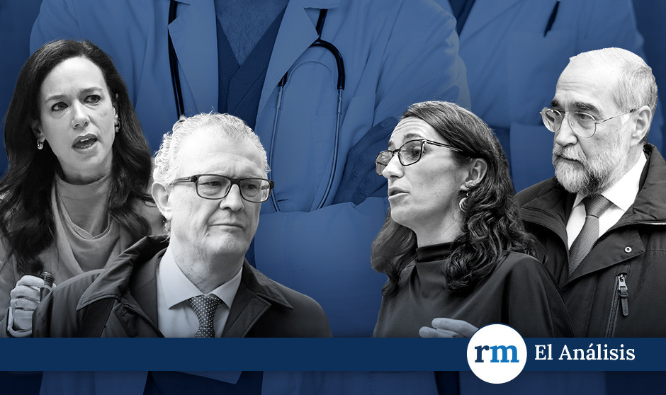 La ministra de Sanidad, Mónica García, entre los consejeros Sara García Espada, Juan José Pedreño y Fernando Domínguez. 