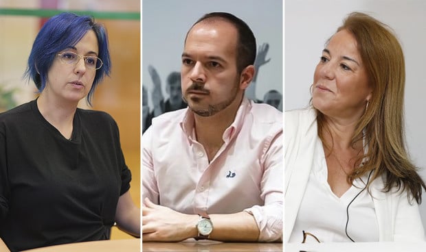Marta Carmona, Carlos Moreno y Ana Cuartero, diputados y portavoces de Sanidad de Más Madrid, PSOE y Vox en la Asamblea, respectivamente.