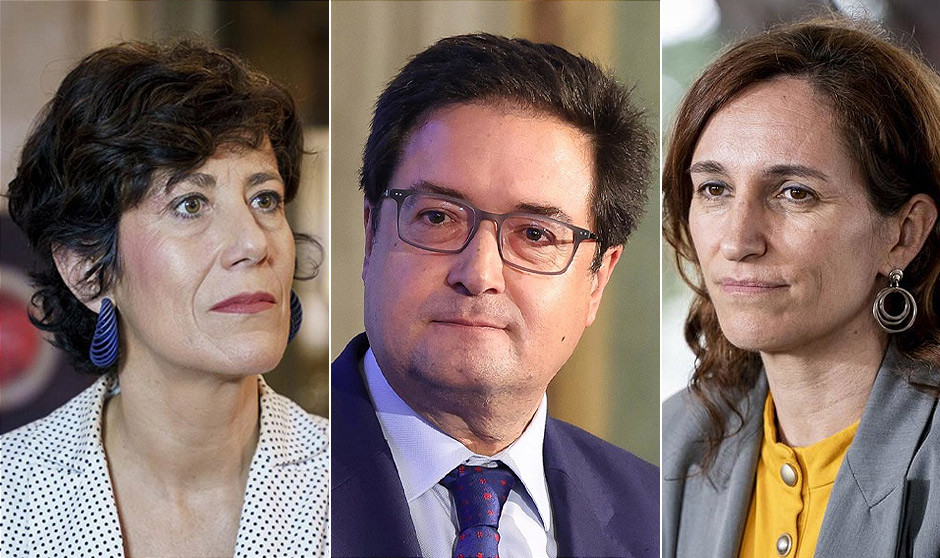 Elma Saiz, Óscar López y Mónica García, ministros de Seguridad Social, Función Pública y Sanidad, respectivamente, de los que dependen los cambios normativos necesarios para la prejubilación sanitaria