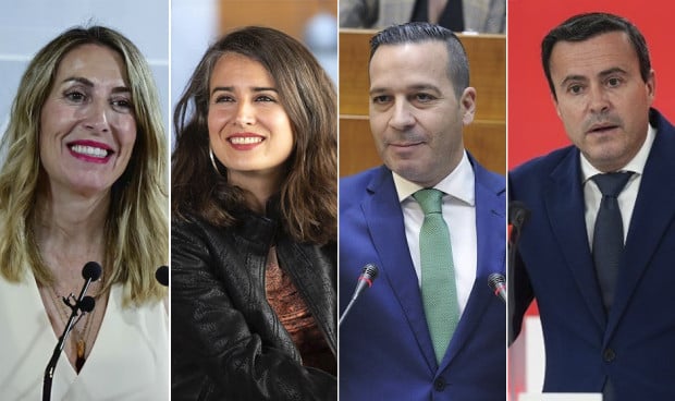 María Guardiola (PP), Irene de Miguel (Unidad por Extremadura), Óscar Fernández (Vox) y Miguel Ángel Gallardo (PSOE).