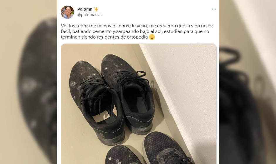 Mujer compara en redes sociales el cazado de su novio, residente de Ortopedia, con el de un albañil por las manchas de yeso