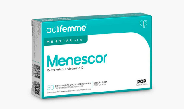 Caja de Actifemme Menescor, complemento con resveratrol y vitamina D para el bienestar durante la menopausia.