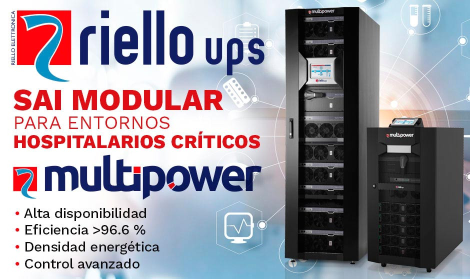 SAI modular Riello UPS Multipower para entornos hospitalarios críticos, con alta eficiencia y control avanzado.